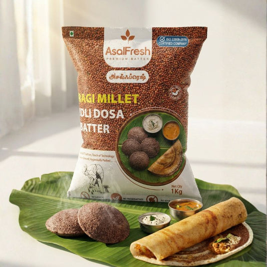 Ragi Millet Idli Dosa Batter package with food items on a green leaf