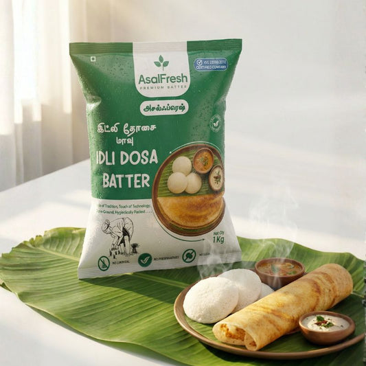 Asal Fresh Idli Dosa Batter package with a sample of batter and dosa on a green leaf