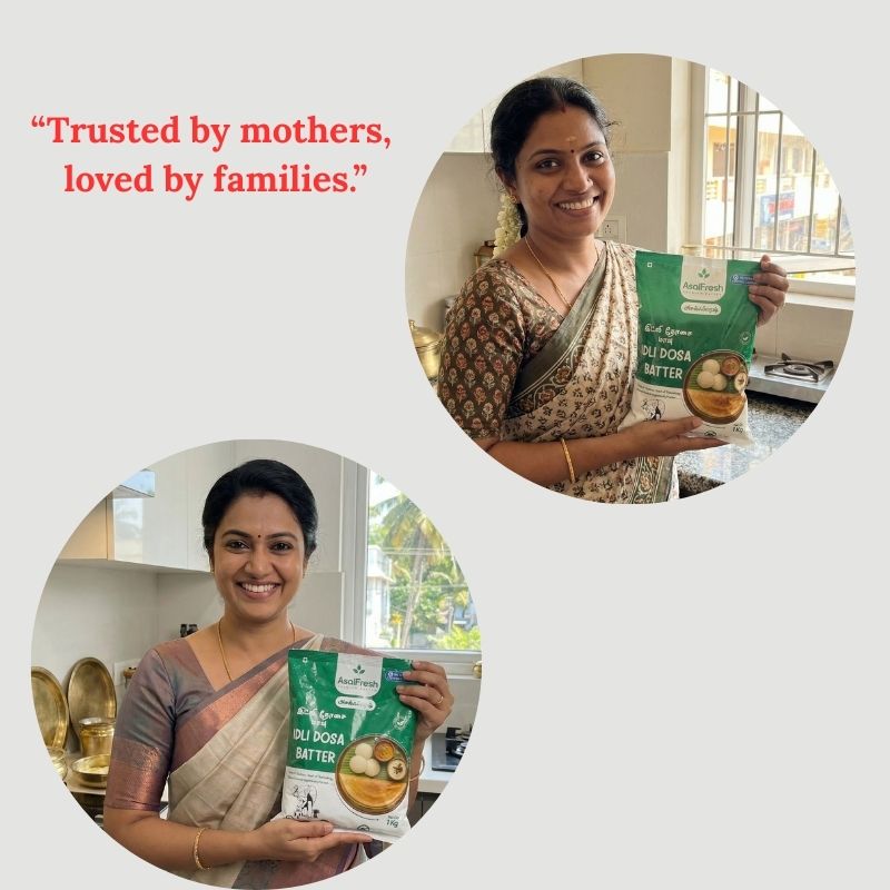 Two women holding a package of 'Oli Dora Batter' with text 'Trusted by mothers, loved by families' on a white background.