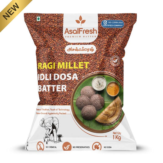 Package of AsolFresh Ragi Millet Idli Dosa Batter with certification logos on a white background