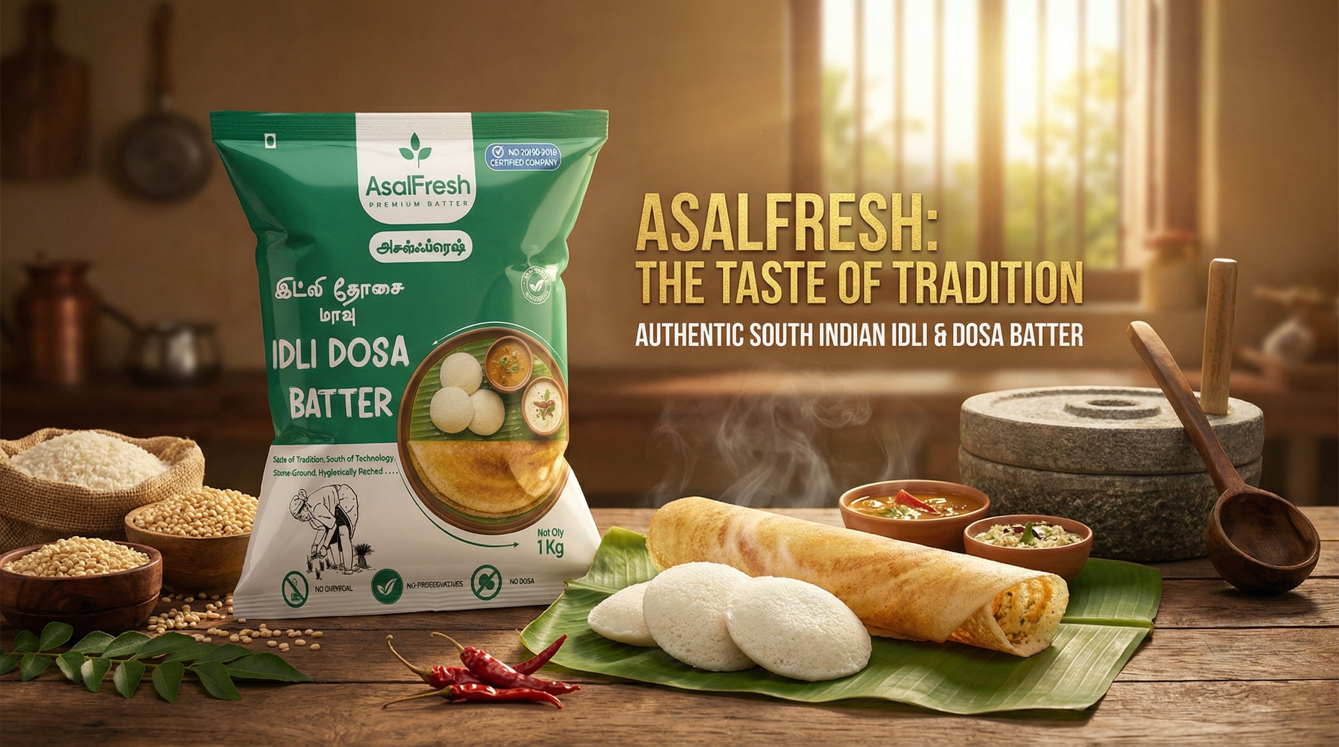 Asal Fresh Idli Dosa Batter packaging with South Indian food items on a wooden table.