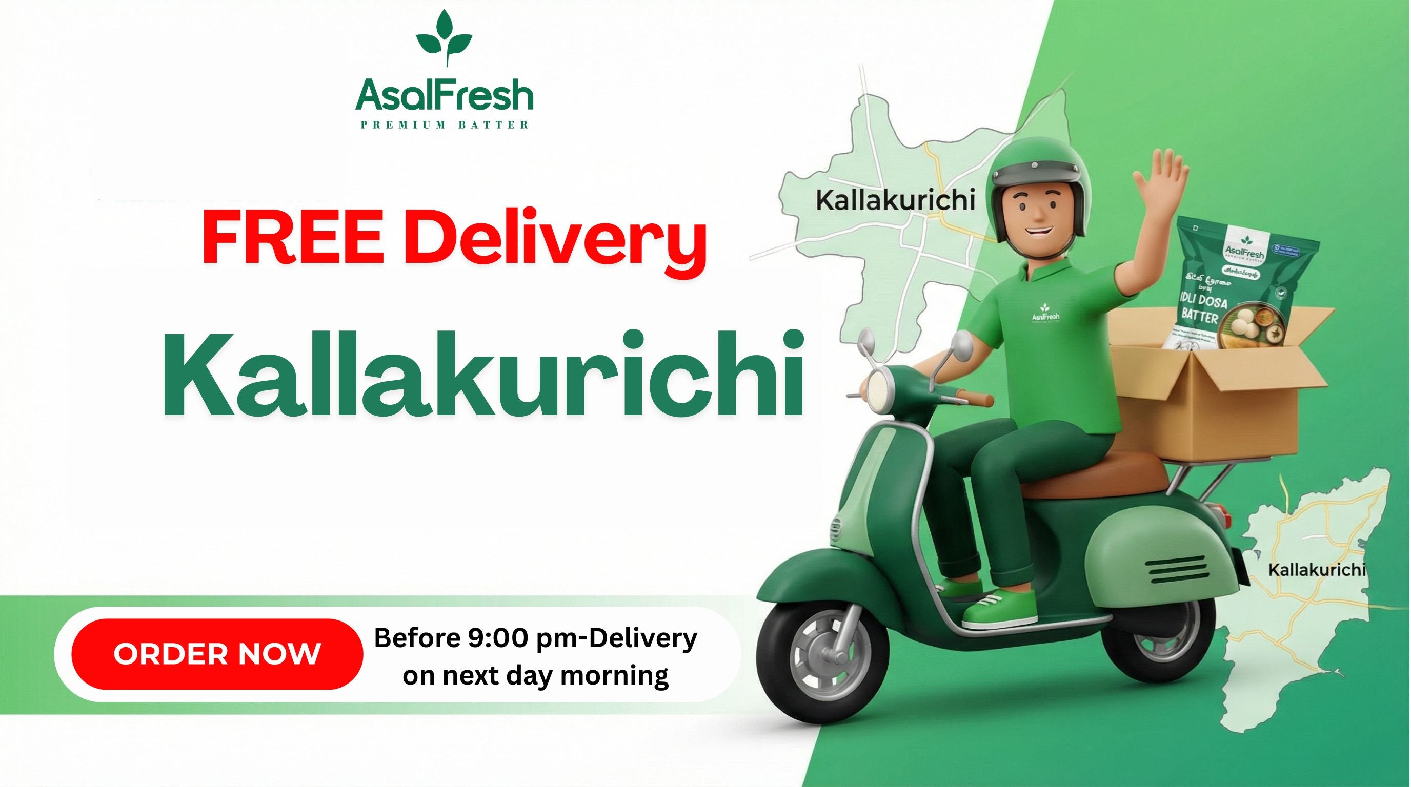 Asal Fresh delivery service advertisement with a delivery person on a scooter and map of Kallakurichi.