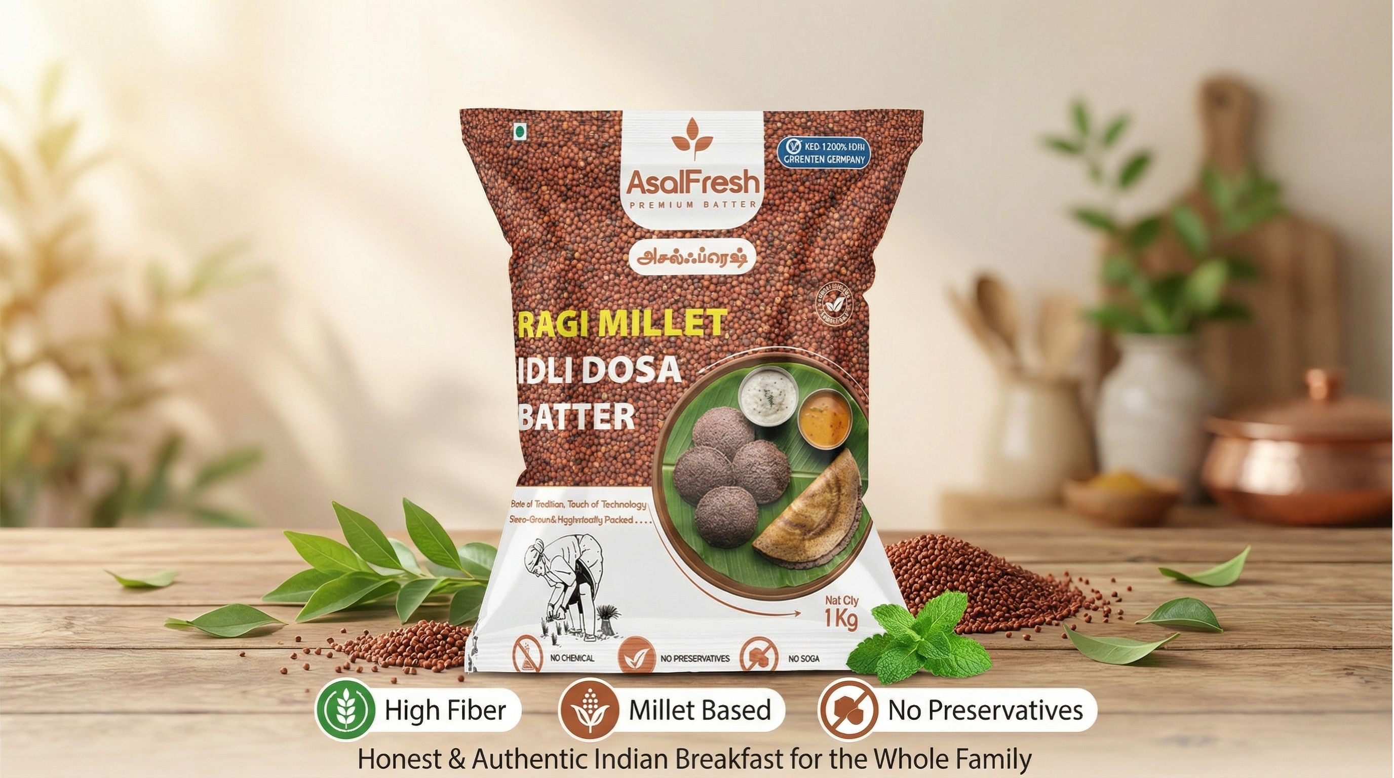 Packaging of Asafi Fresh Ragi Millet Idli Dosa Batter on a wooden surface with a blurred background.