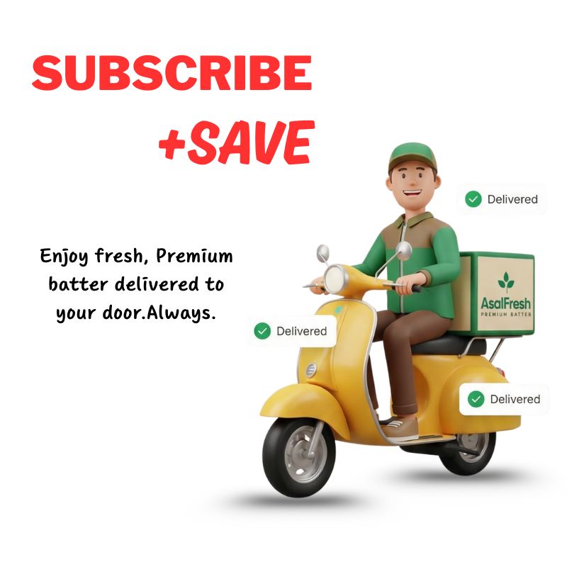 Illustration of a delivery person on a scooter with an Asafresh box, promoting subscription and savings.